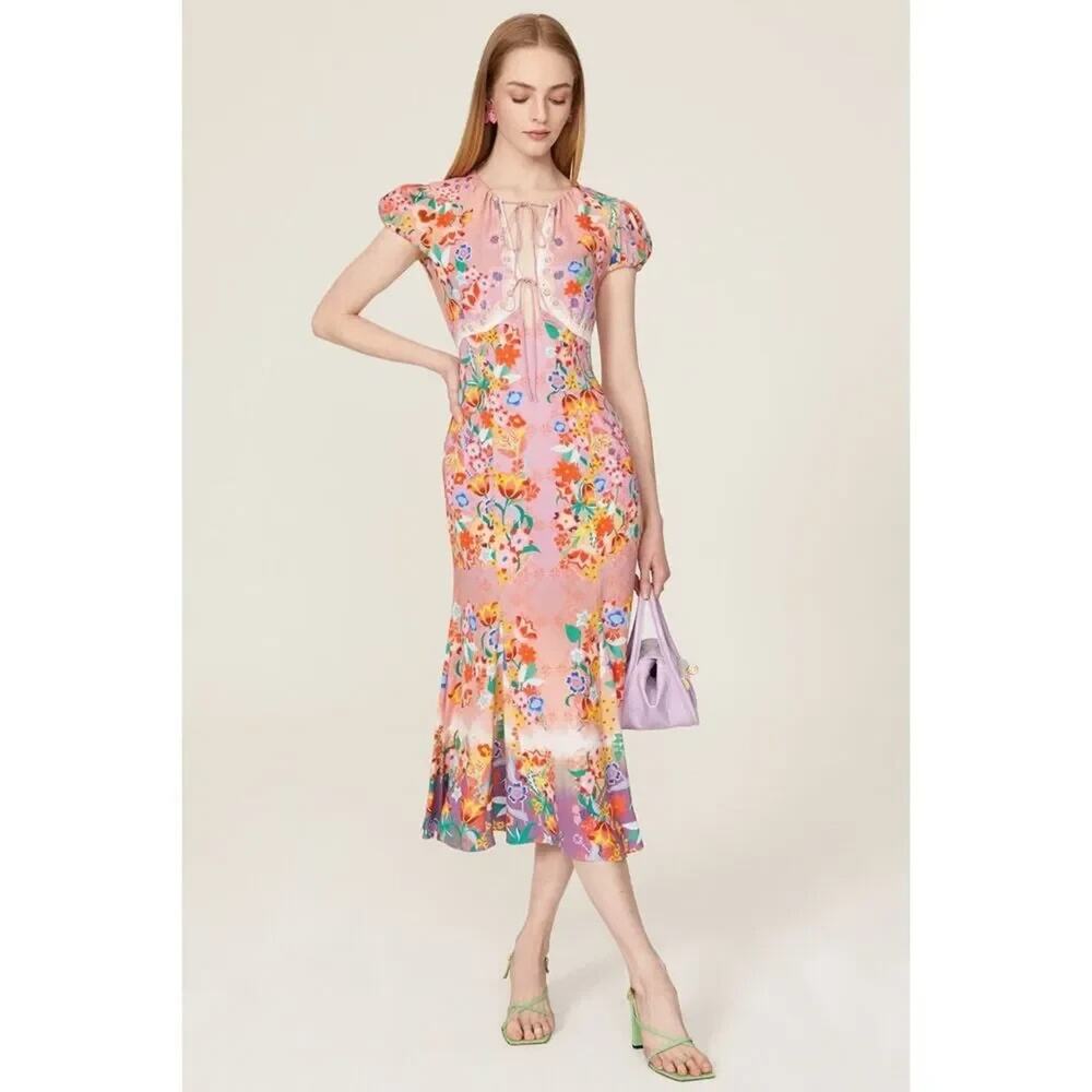 SALONI Sienna Floral Spring Midi Keyhole Ruffle Dress Pink Luxury Size 4